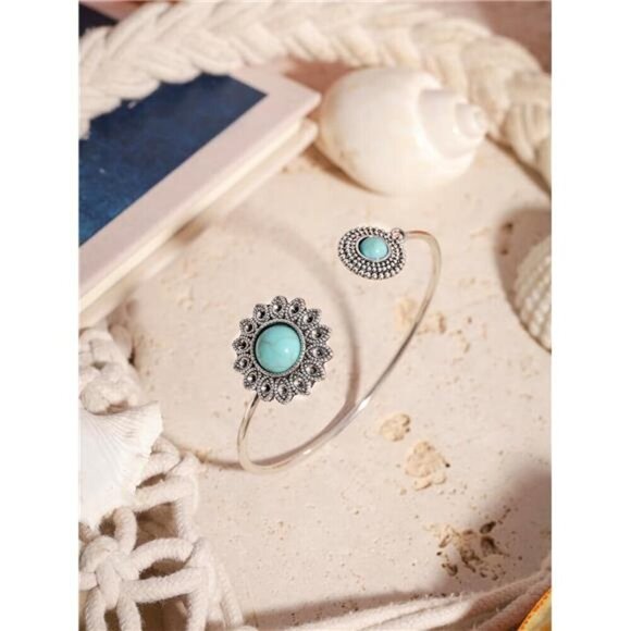 Bohemian Created Turquoise Flower Bangle Bracelet, Stainless Steel Open Bangle - Picture 5 of 6